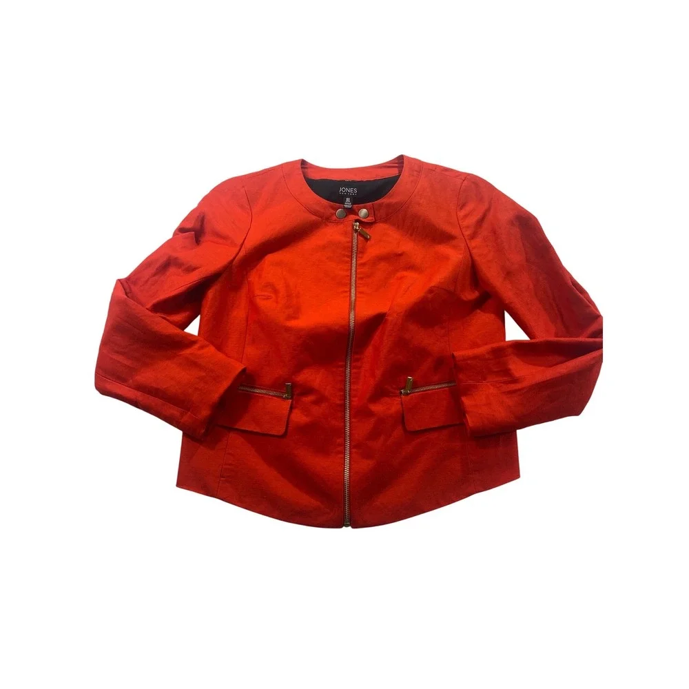 Jones‎ New York Suits Red Linen Blend Collarless Zip Front Jacket Womens 4